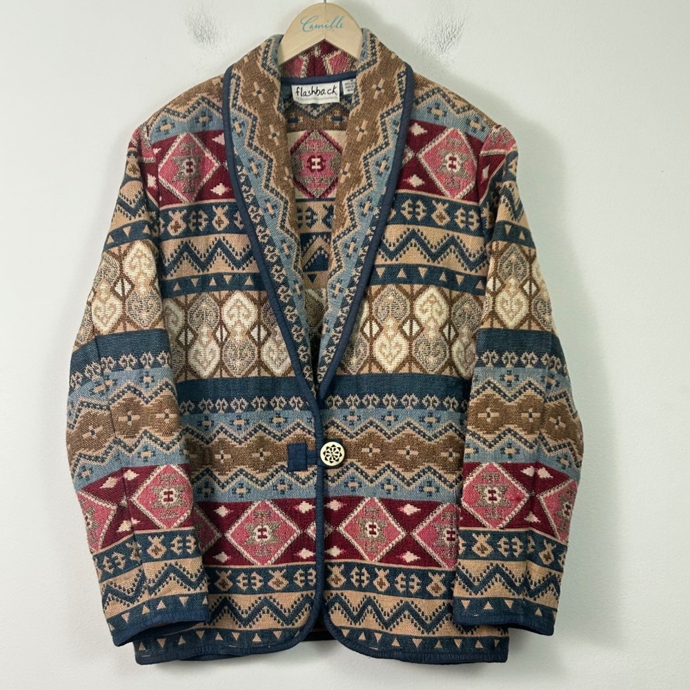 Vintage Flashback Women M Cotton Tapestry Blazer Southwestern Geometric Jacket